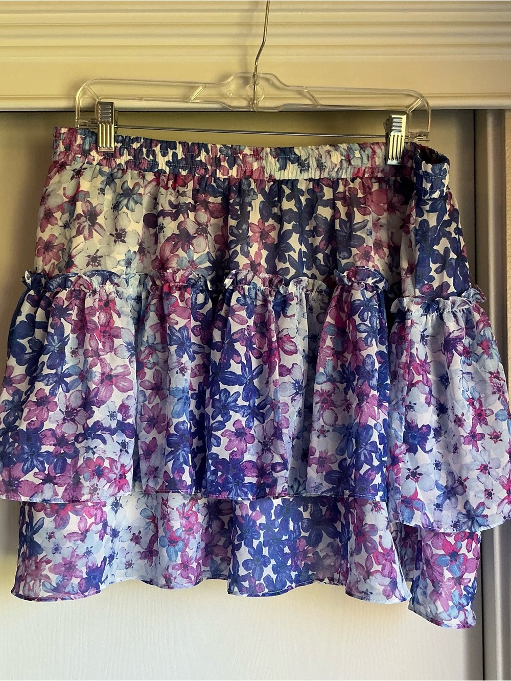 Allegra K Floral Tiered Skater Skirt in Purple & Pink